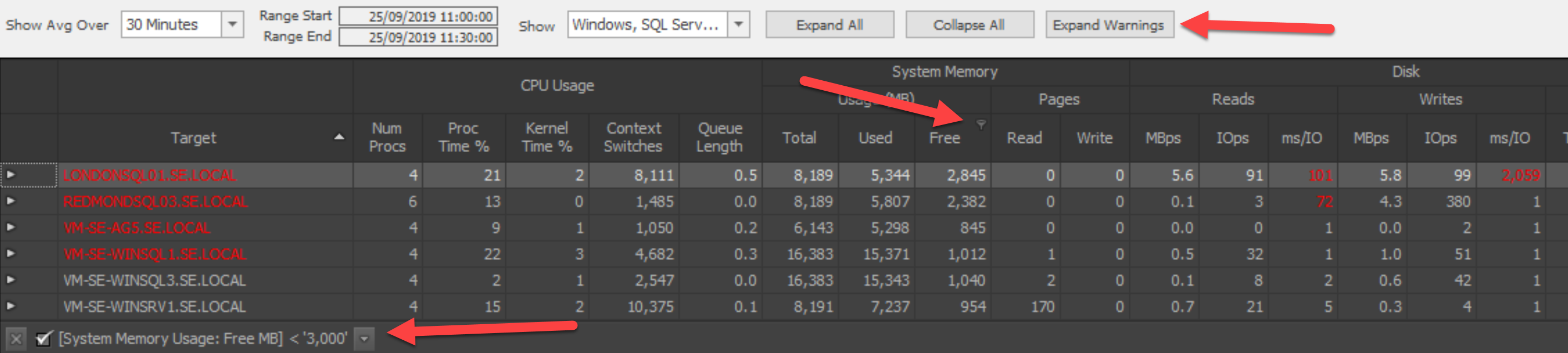 Filtering by System Memory Usage